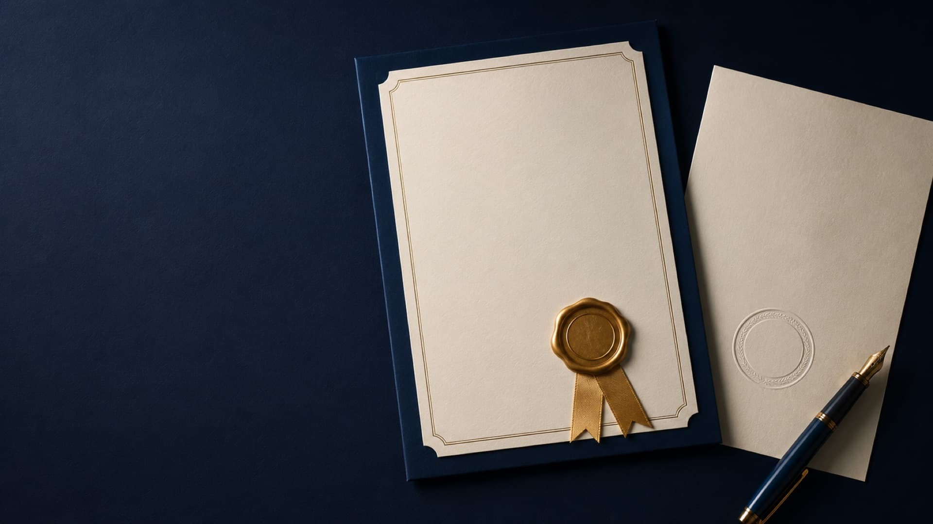 A blank certificate with an embossed gold wax seal and ribbon, beside a second sheet bearing a blind embossed seal and a fountain pen